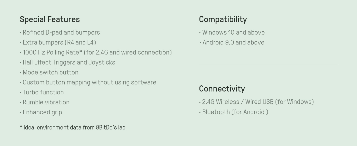 8BitDo Ultimate 2C: Бездротовий контролер для ПК Windows та Android, 1000 Гц, Hall-ефект, Turbofunktion (Зелений)