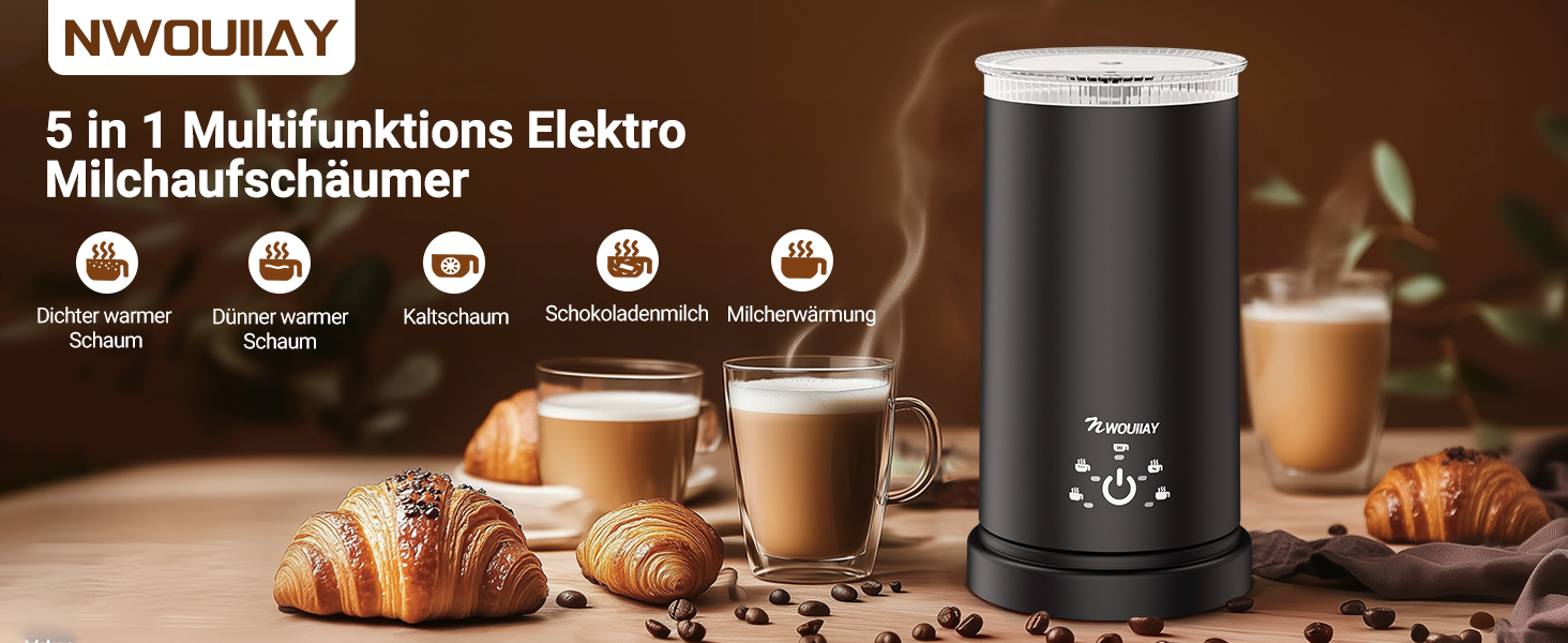 Електричний спінювач молока 5-в-1 600W з антипригарним покриттям. Підходить для приготування гарячого та холодного молочного пін, какао, лате, капучино. Чорний.