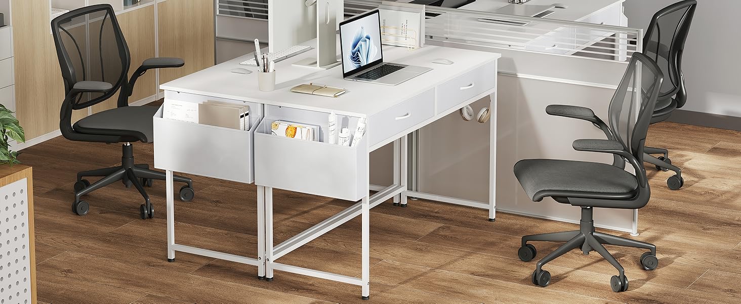 Комп'ютерний стіл Klihome з 2 шухлядами та місцем для зберігання - 120x48x75 см, білий, з тримачем для навушників, для спальні/вітальні
