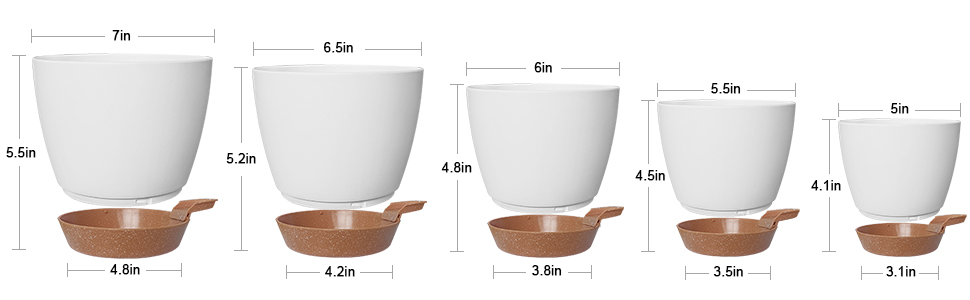 5 кашпо з пластику з системою поливу, 17.8/16.5/15.2/13.9/12.7 см. Самополивні горщики з підставкою, круглі, для квітів, сукулентів, кактусів, для дому, балкону, саду. Білий, коричневий колір