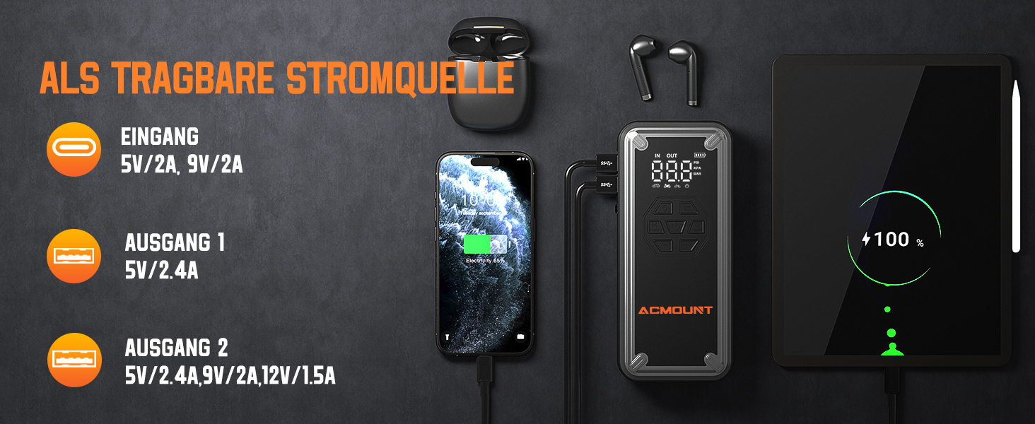 Powerbank для авто Acmount Starthilfe з компресором, 7000A, 150PSI, LCD, LED, для бензинових та дизельних авто (до 9L/8L)