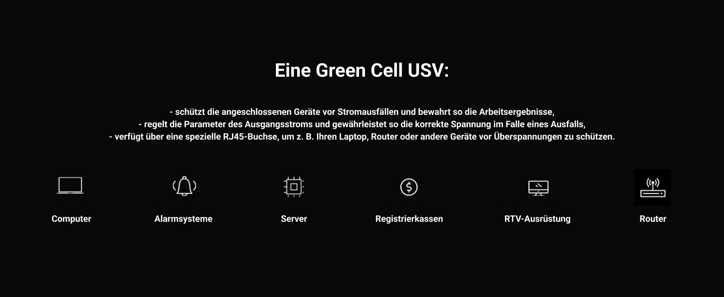 Джерело безперебійного живлення ДБЖ Green Cell із захистом від перенапруги 230 В Лінійно-інтерактивне регулювання напруги Система ДБЖ AVR USB/RJ11 2 шт. Schuko виходи РК-екран (2000 ВА (1200 Вт), вежа)