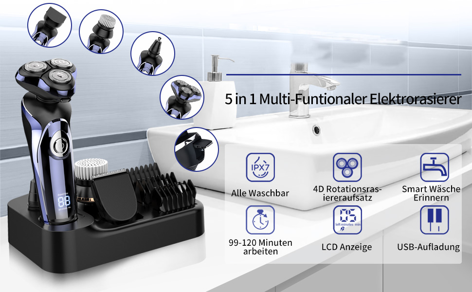 Електричний набір чоловічих бритв 5в1 роторна бритва, тример для волосся в носі, тример для бороди, IPX7, USB
