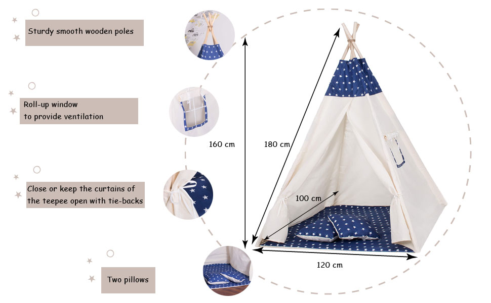 Дитячий намет-типі SPRINGOS, 160 x 120 x 100 см, темно-синій з зірками, з килимком та подушкою
