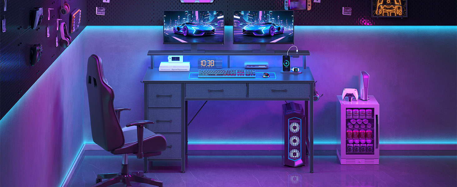 Комп'ютерний стіл Seventable з розетками та LED-підсвічуванням, 100 см, ігровий стіл з 5 ящиками та підставкою для монітора, для офісу, робочого кабінету, спальні, вітальні, чорний