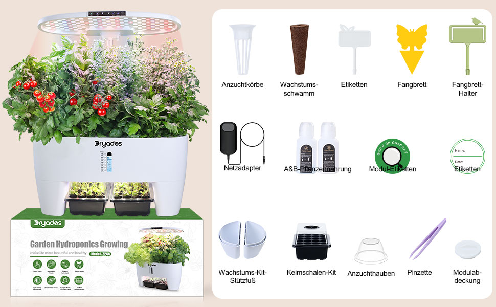 Гідропонна система вирощування: 8 капсул, 24W LED лампа повного спектру з сигналом про низький рівень води | Внутрішній сад для кухні, вітальні, школи | Ідея подарунка для любителів садівництва (16 капсул - Білий)