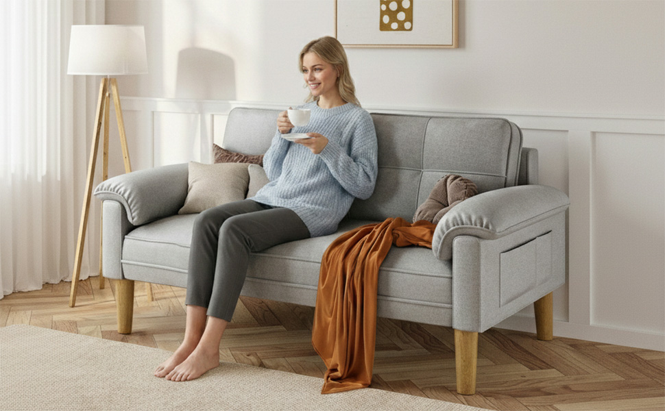 Диван Xbro 2-місний, компактний диван з підлокітниками та кишенею, сучасний диван з тканини для вітальні, квартири, офісу, проста збірка, 144 x 77 x 77 см, сірий