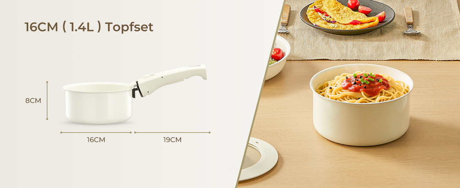 Набір посуду FOHERE 8 предметів: каструлі та сковороди з 2 знімними ручками, сковорода 20/28 см, каструлі 2.6/1.4 л, підходить для всіх плит (індукція), безпечний у духовці та посудомийній машині, бежевий