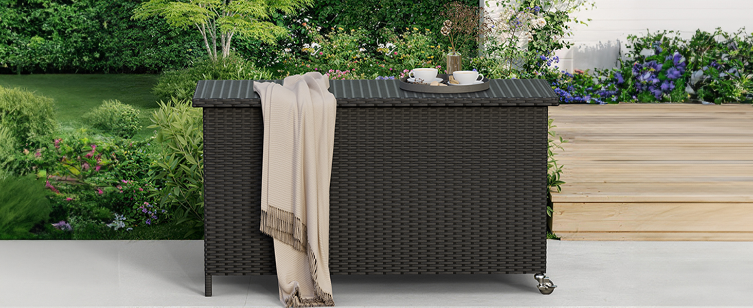 Водонепроникний садовий ящик Amopatio Gartenbox 480л з поліротангу, металевий ящик для подушок на колесах з газліфтом для саду та балкону (чорний)