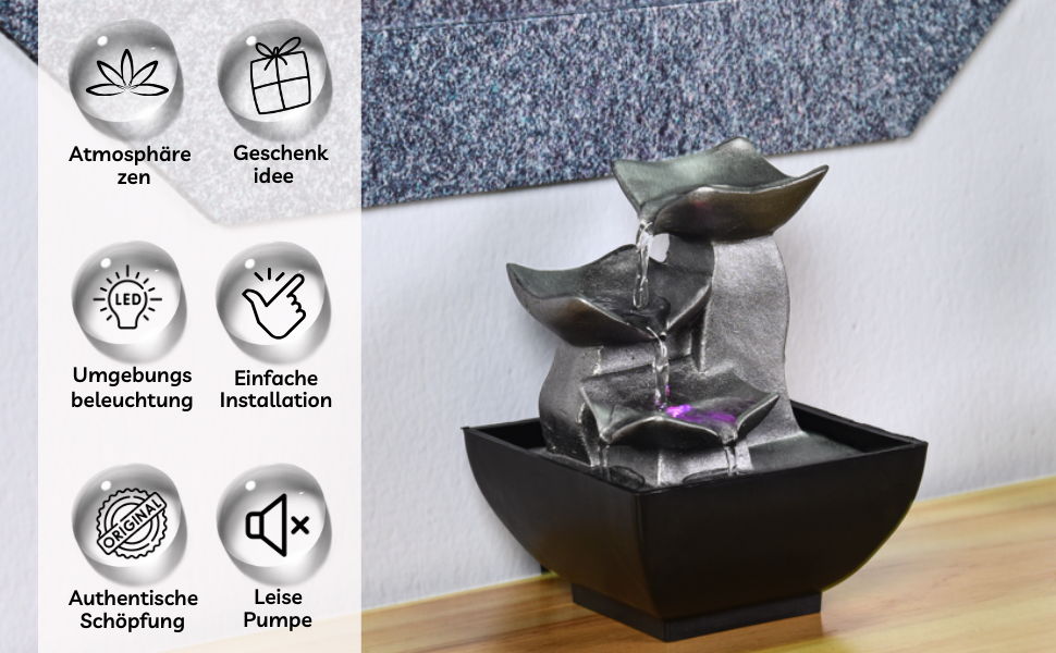 Фонтан для дому Zen'Light Boro: розслаблюючий водоспад з LED-підсвіткою для вітальні, спальні, офісу. Ідеальний для медитації та релаксації. Замкнутий цикл, H 18 см