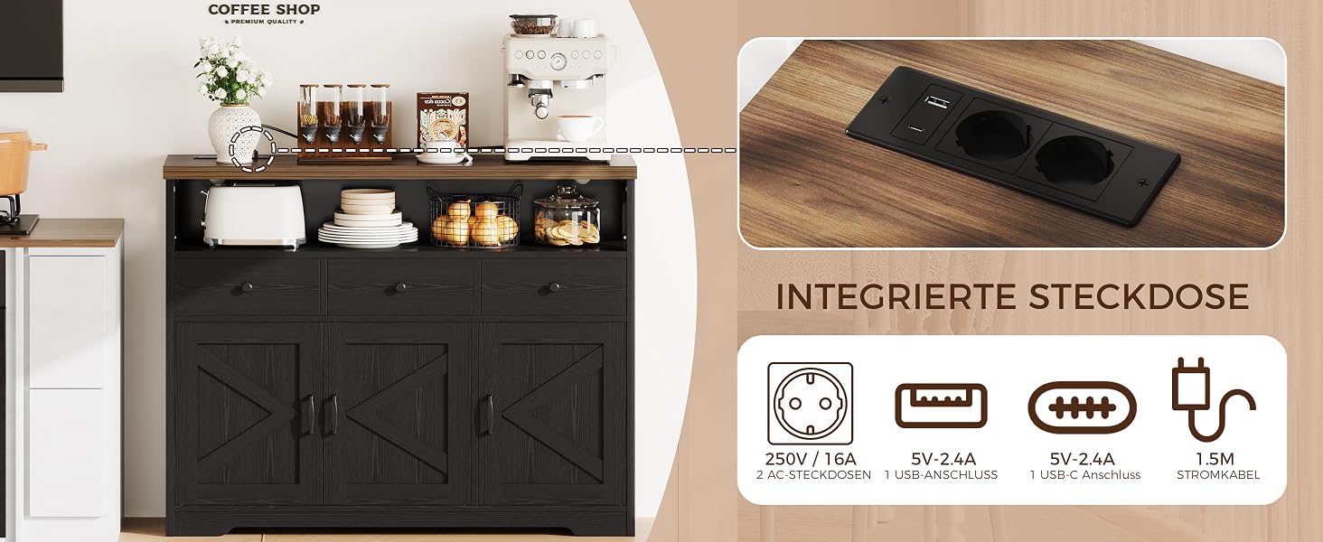 Кухонний комод-буфет IRONCK з розетками (2AC+1USB+1C), шафа для вітальні та їдальні з 3 шухлядами та 3 дверцятами, кава-бар з регульованою полицею, 107x35x95см, чорний