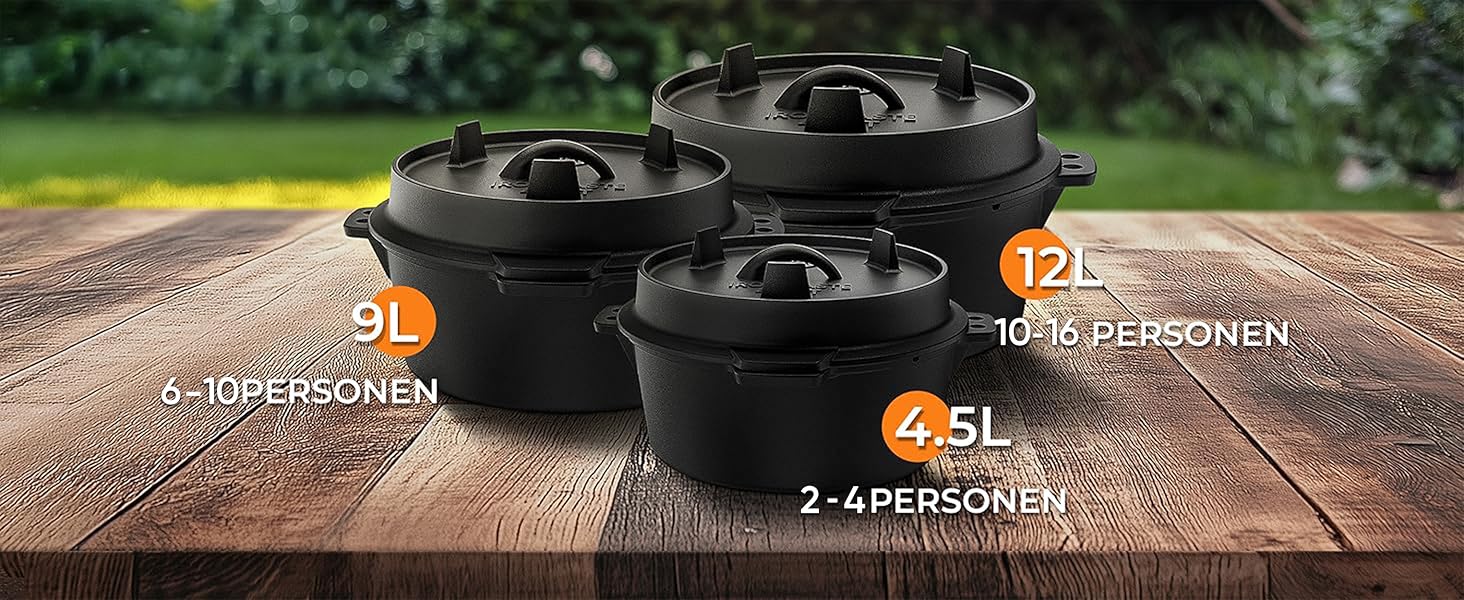 Набір чавунний казан Dutch Oven 4.5л з кришкою, підставкою та підйомником для кришки, підходить для 2-4 осіб