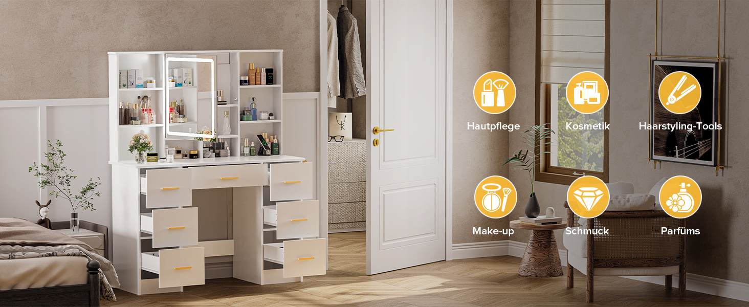 Дзеркальний туалетний столик Belife з підсвічуванням та 7 висувними ящиками, розеткою та 3 кольорами світла для спальні V5
