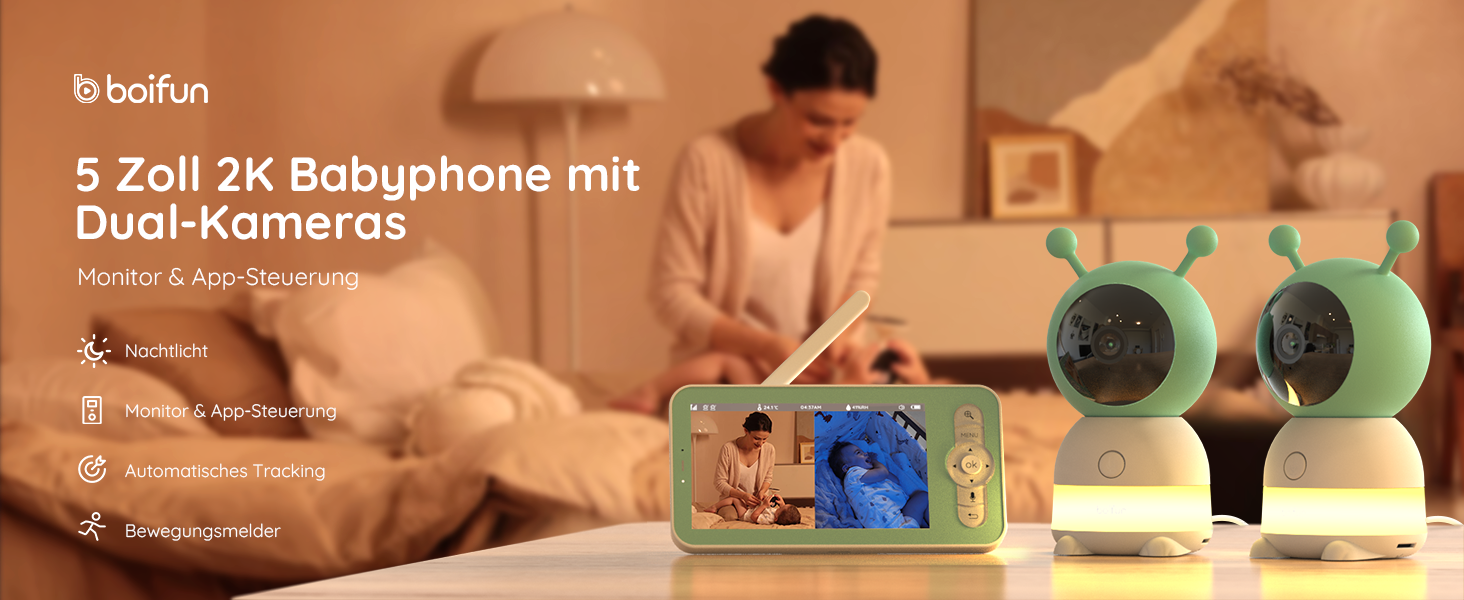 BOIFUN Додаткова камера для немовлят 6T 2K WiFi: відеоняня з нічником, датчиком руху/плачу/звуку, AI-відстеженням, датчиком температури та вологості, записом відео