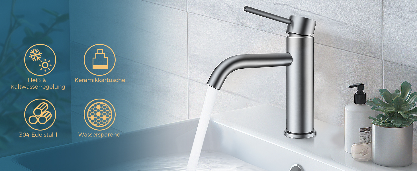 Змішувач для ванної кімнати FORIOUS з набором для зливу, чорний, висота виливу 190 мм, однорідний, для умивальника, нержавіюча сталь