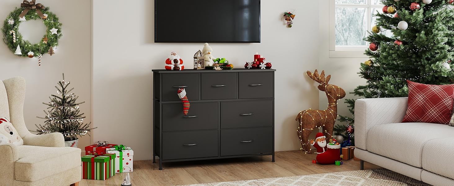 Комод Somdot з висувними ящиками, тканинний комод, комод для спальні, вітальні, прихожої, шафа для зберігання, 5 тканинних ящиків, білий колір, штучна шкіра (чорний, 30T x 100B x 74.5H см (7 ящиків))