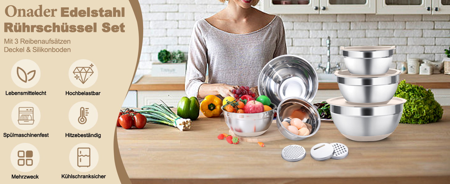 Набір мисок Onader (6 шт) з нержавіючої сталі з кришками та тертками для кухні, 4.6/2.8/2.5/1.6/1.2/0.7 л, стакові та придатні для миття в посудомийній машині, бежевий колір