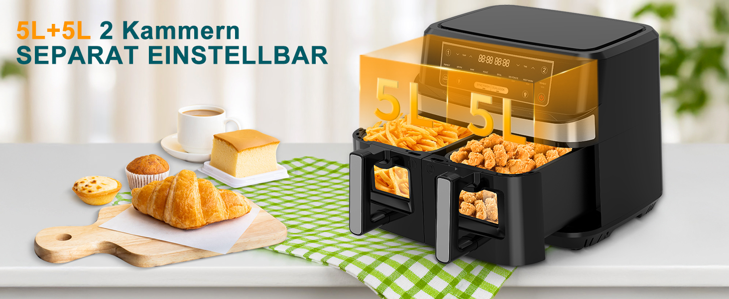 Подвійна фритюрниця без олії з 2 камерами, 10л, 8-в-1, сенсорний екран, таймер, XXL