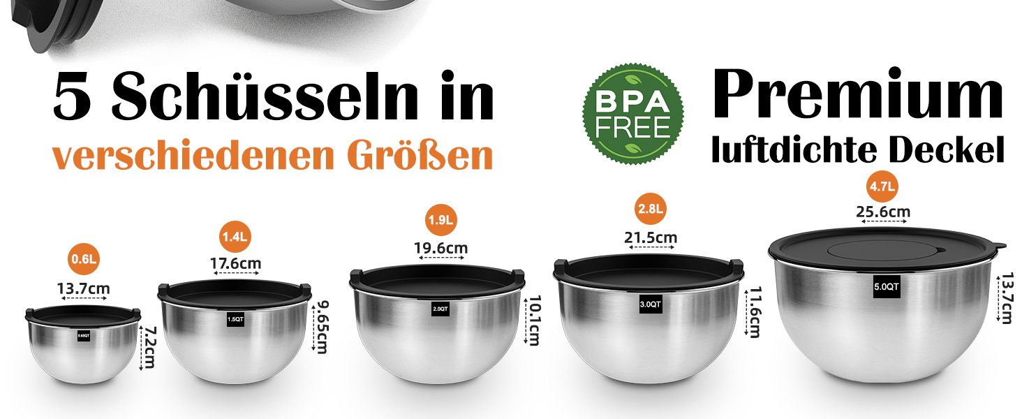Набір мисок для кухні 5 шт. з нержавіючої сталі з кришками, 4.7л/2.8л/1.9л/1.4л/0.6л. Ідеально для приготування, випічки та зберігання. Складаються одна в одну, можна мити в посудомийній машині. В комплекті тертка.