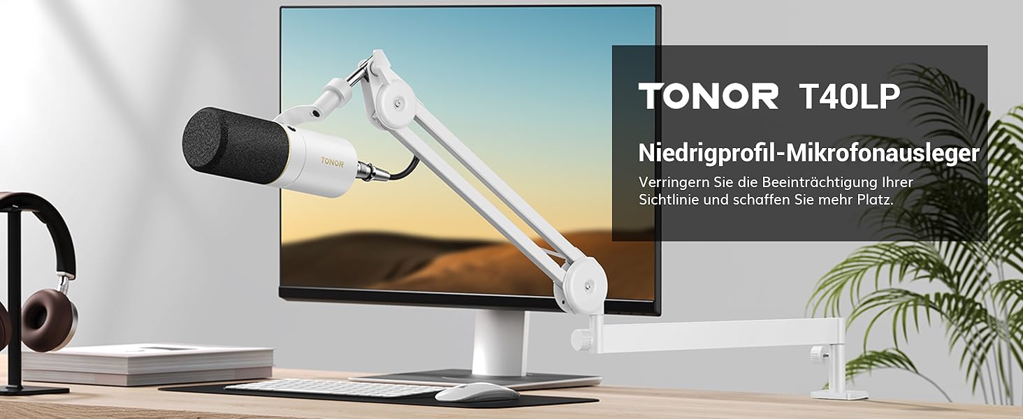 Мікрофонна стійка TONOR T40LP низькопрофільна, біла, з прихованими пружинами, 37+37 см для геймінгу, подкастів, запису звуку