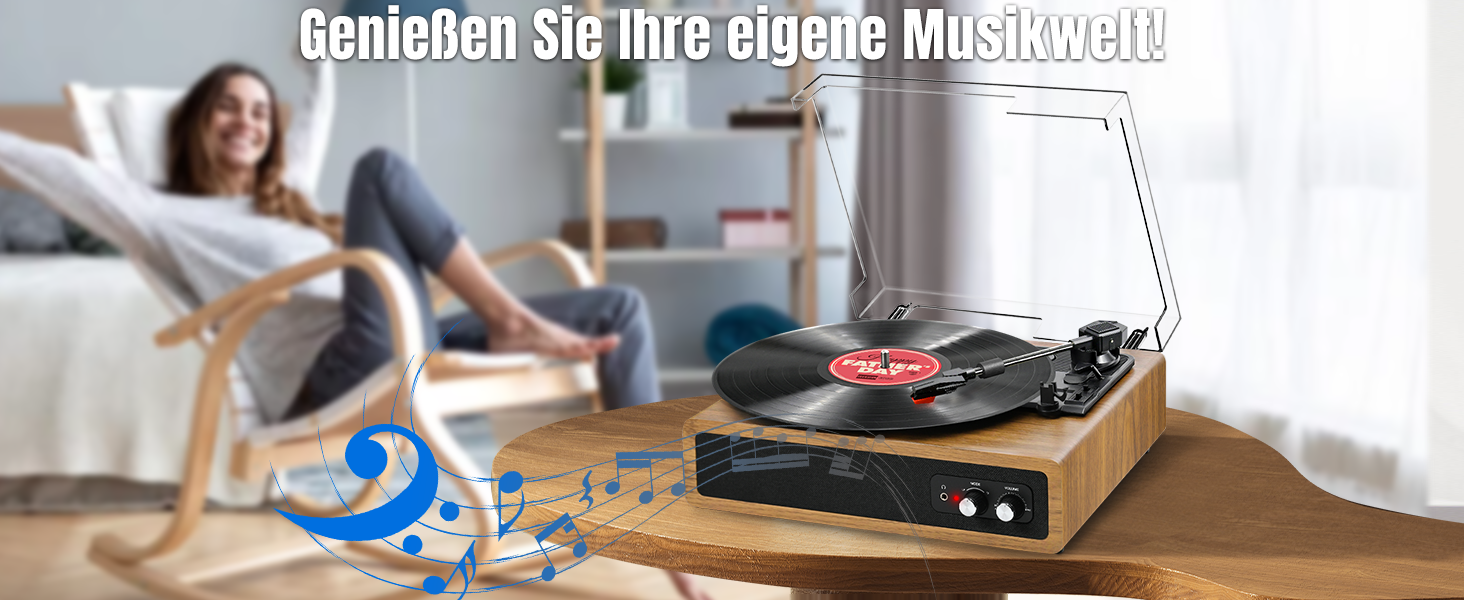 Вініловий програвач FYDEE з Bluetooth, стерео-динаміками, 3 швидкості 33/45/78 об/хв, RCA та AUX, вінтажний дизайн, колір дуба