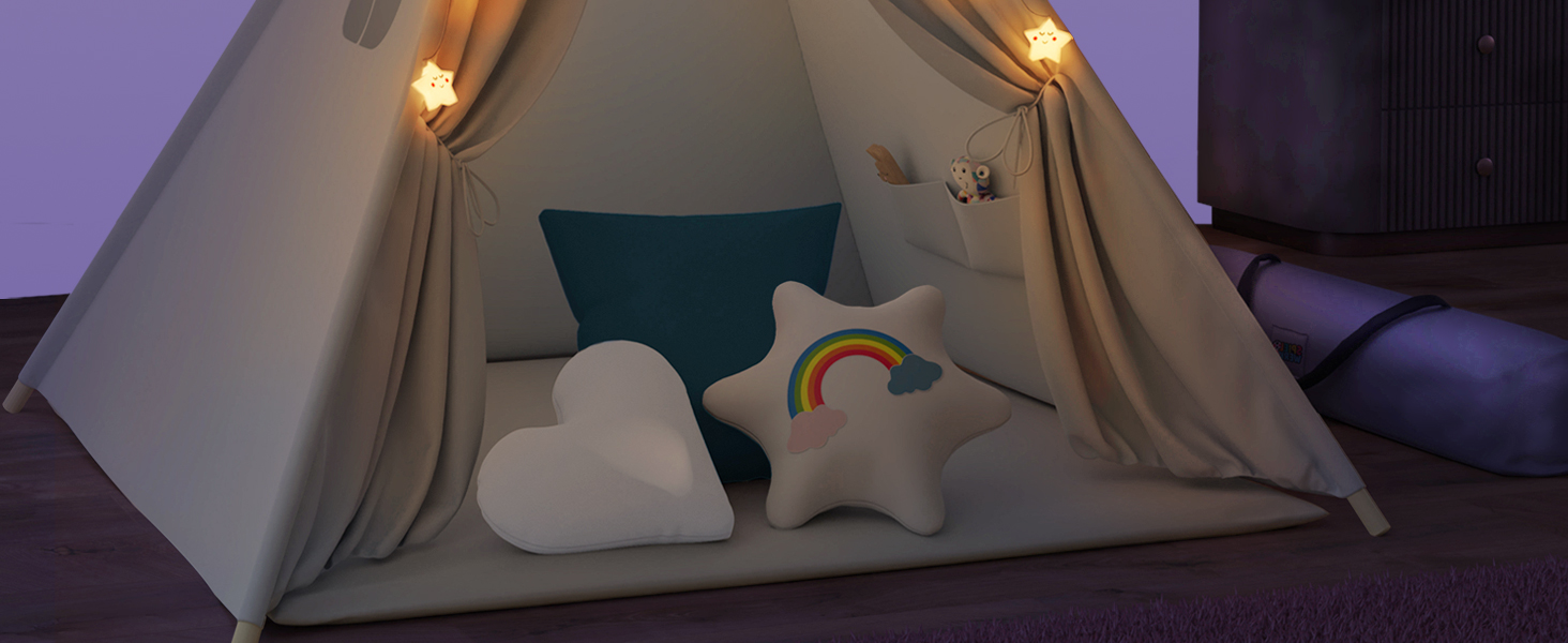 Дитяче намет-типі Spielwerk® з килимком, гірляндою та подушками (130x130 см), бавовна, дерево, сірий, блакитний