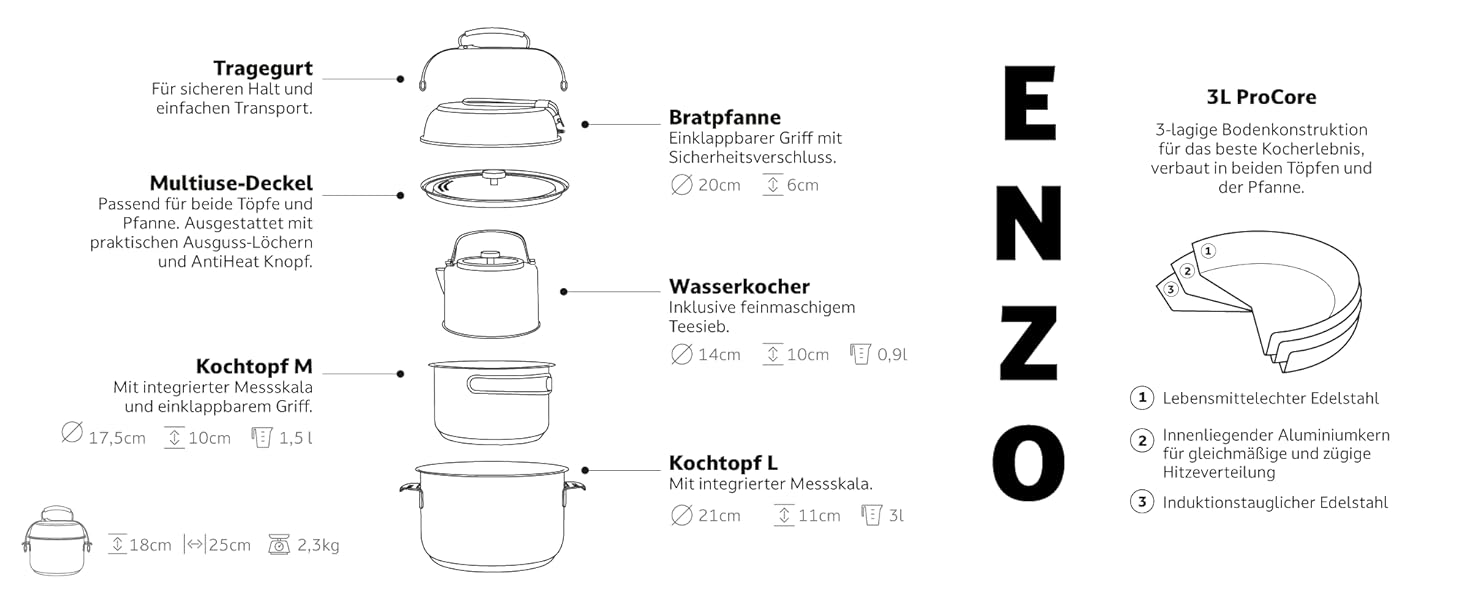 Набір кухонного посуду Campo Libre Enzo I з нержавіючої сталі для кемпінгу | 6 або 6-ти частинний | Індукційний | Посуд для кемпінгу
