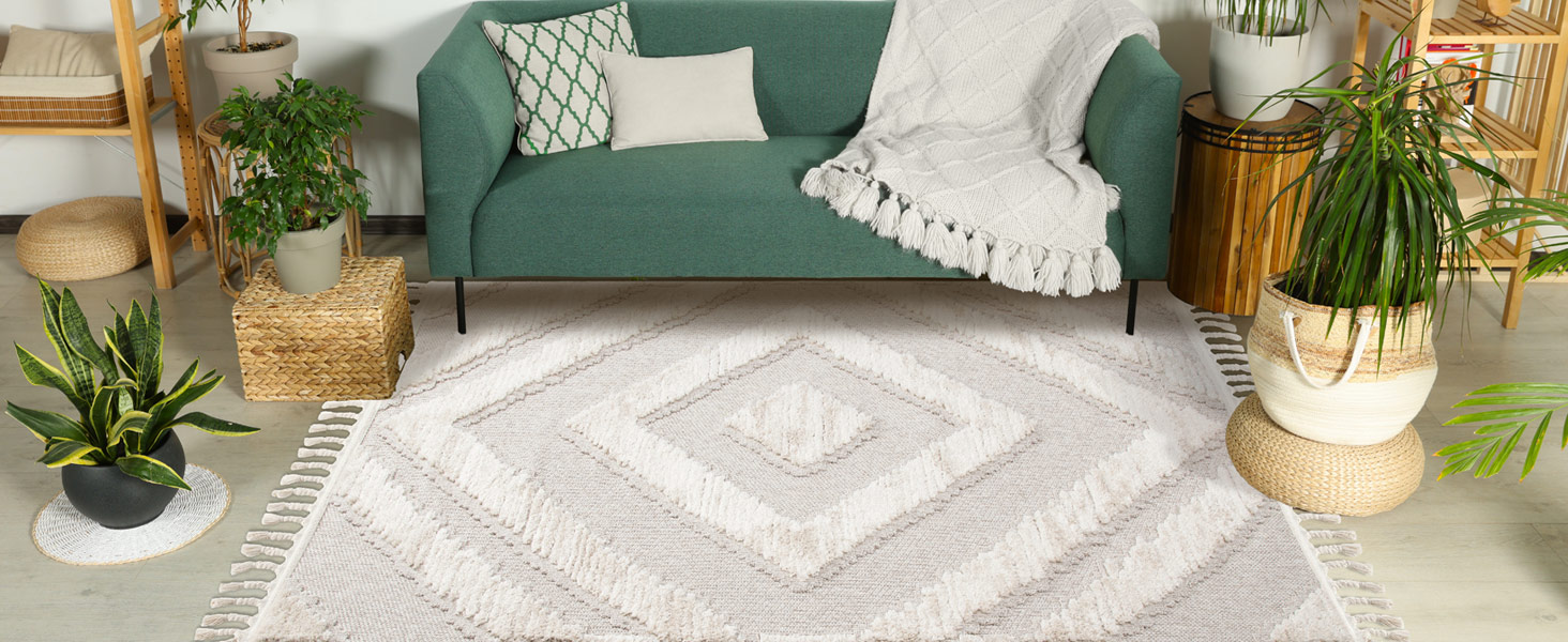 Килим City Boho Rug Cream 80x150 см - Орнаменти, Бордюр, 3D Ефект - Сучасні Бахроми (Сірий, 140x200 см)