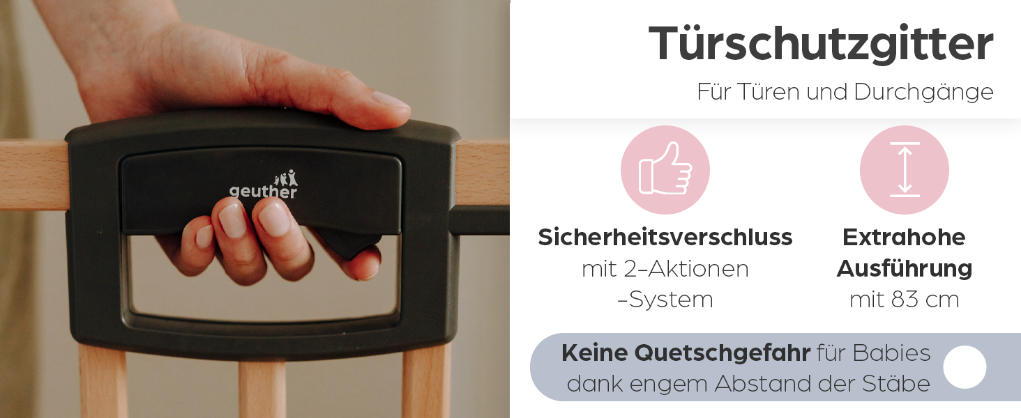 Захисний бар'єр на двері Geuther Easylock Plus для сходів 80,5-88,5 см. Дерев'яно-металевий бар'єр для дітей без свердління, двосторонній, колір: натуральний/антрацит