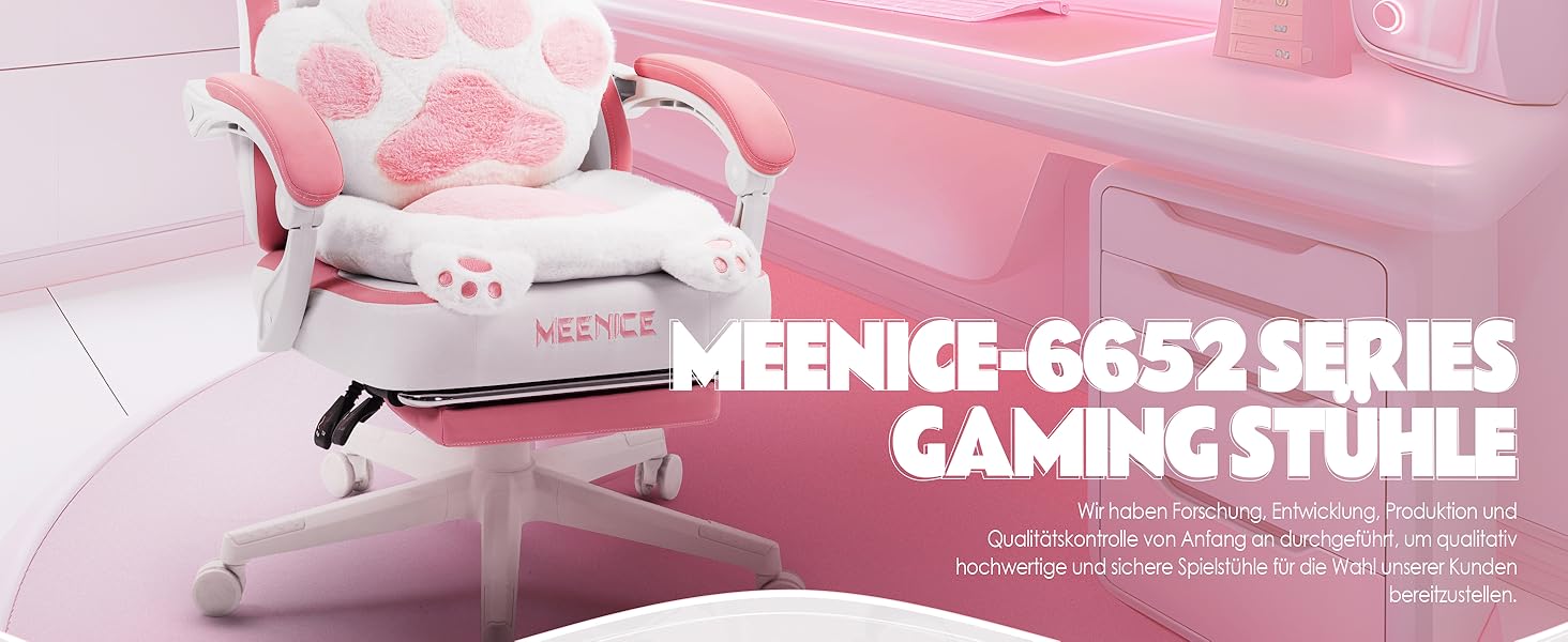 Ігровий крісло MEENICE Pink Katze з підголовником у вигляді лапки кота та вушками, з підніжкою, ергономічний ПК стілець для дітей та дорослих, рожево-білий, 200 кг