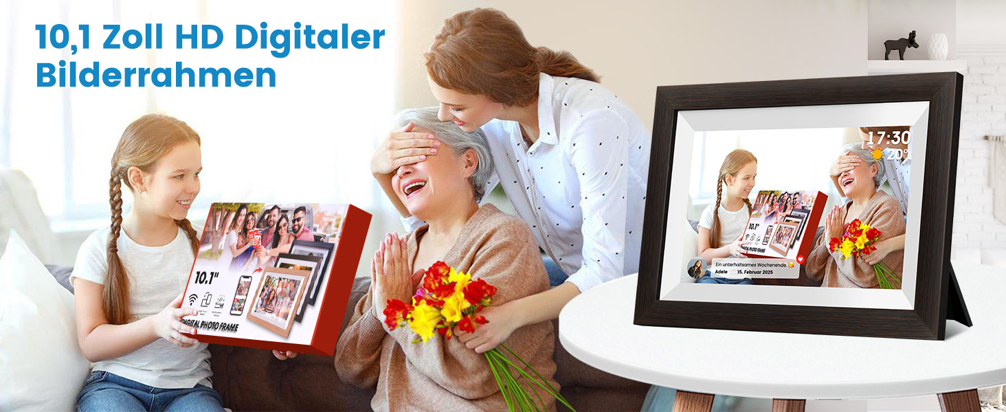 Цифровий фоторамка Mejasg 10.1 дюйма з Wi-Fi, 32GB, IPS сенсорний екран, автоповорот, для фото та відео, з дерева