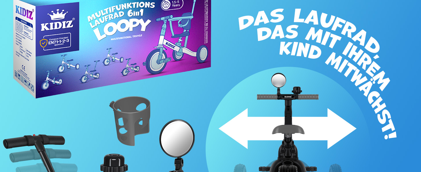 Біговел-триколіс KIDIZ 6-в-1 для дітей 1-5 років до 25 кг, з ручкою, захисним бампером, ременем безпеки, дзвінком та дзеркалом (Антрацит)