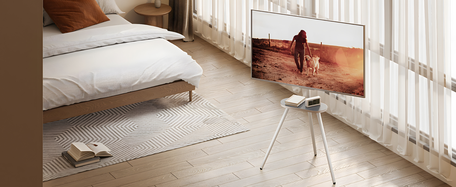 Настінна кріплення для телевізора 43-65 дюймів (LCD, LED, OLED) до 35 кг, регульована висота та поворотна, дерев'яна стійка з дерев'яним підносом, VESA 400x400 мм (білий глянц)