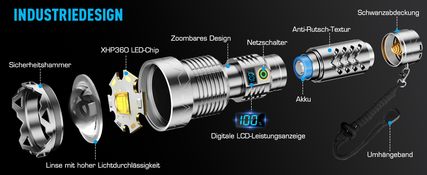 Світлодіодний ліхтарик SIDARK Ultra Bright 50 000 люмен, акумуляторний, 5 режимів, масштабований, IPX7, сріблястий