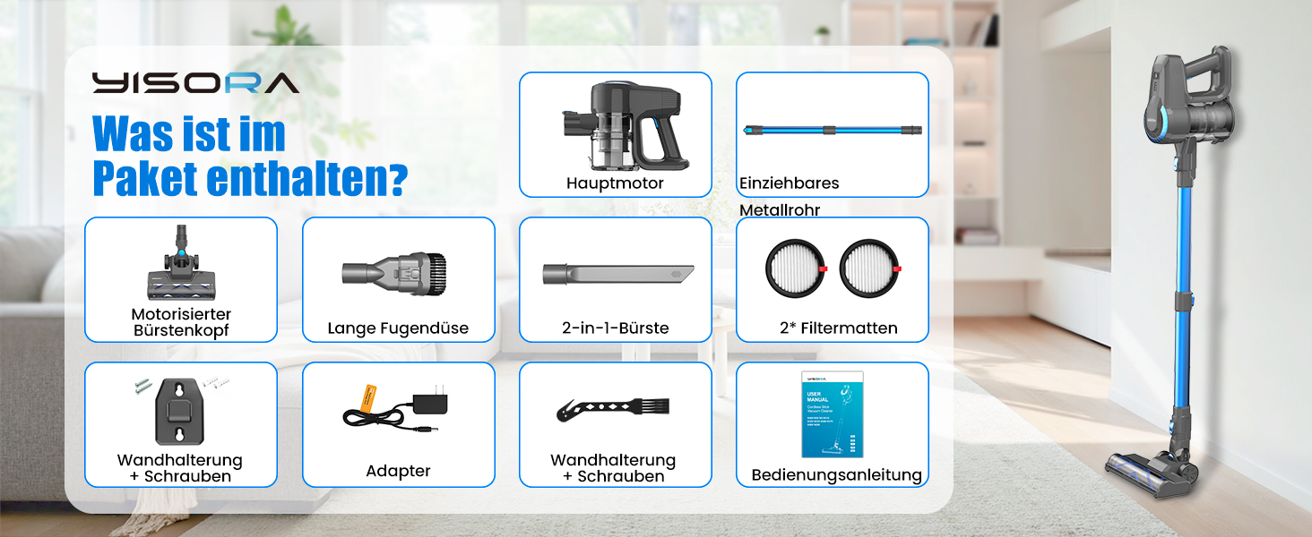 Бездротовий акумуляторний пилосос для дому, 25000Pa, 175W, 50 хвилин роботи, антизаплутана щітка, самостійна парковка, легкий, для килимів, твердих поверхонь, шерсті тварин (блакитний)
