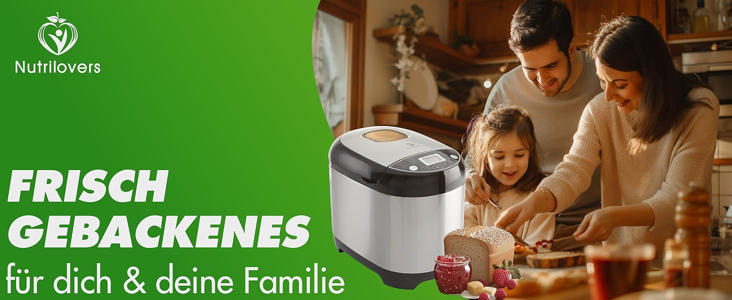 Nutrilovers Brotbackautomat з нержавіючої сталі: 19 програм, 3 розміри хліба, таймер, рецепти