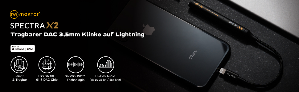 Портативний ЦАП/AMP MAKTAR Spectra X2 3,5 мм на Lightning, 32 біт/384 кГц, сертифікація MFi для iPhone/iPad