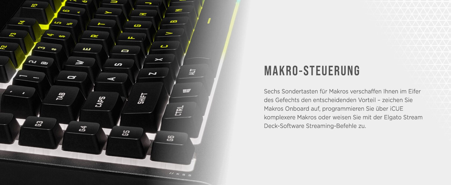 Клавіатура Corsair K55 RGB PRO, провідна, мембранна, QWERTZ DE, чорна, IP42, 6 макро-клавіші, сумісна з iCUE, для PC, Mac, Xbox