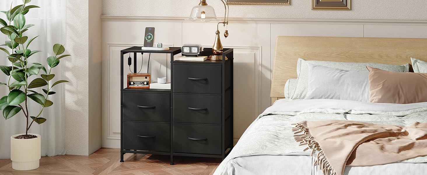 Комод з ящиками для спальні, вітальні, коридору Somdot з LED-підсвічуванням та розетками (2 AC, 1 USB, 1 Type-C), 5 тканинних ящиків, білий, 29T x 66,5B x 70,5H см