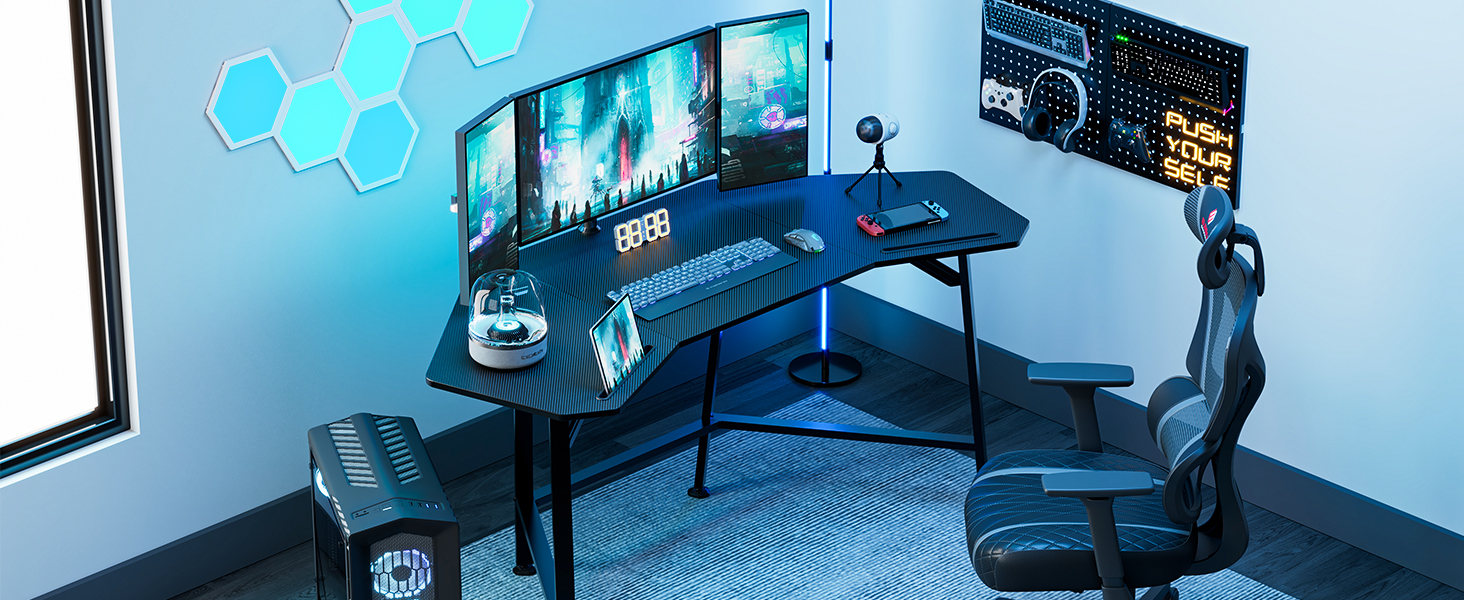 Ігровий стіл EUREKA ERGONOMIC 160x74 см - великий стіл у формі крила для ігор, ПК, дому, офісу, стрімінгу. 2 слоти для iPad. Чорний.