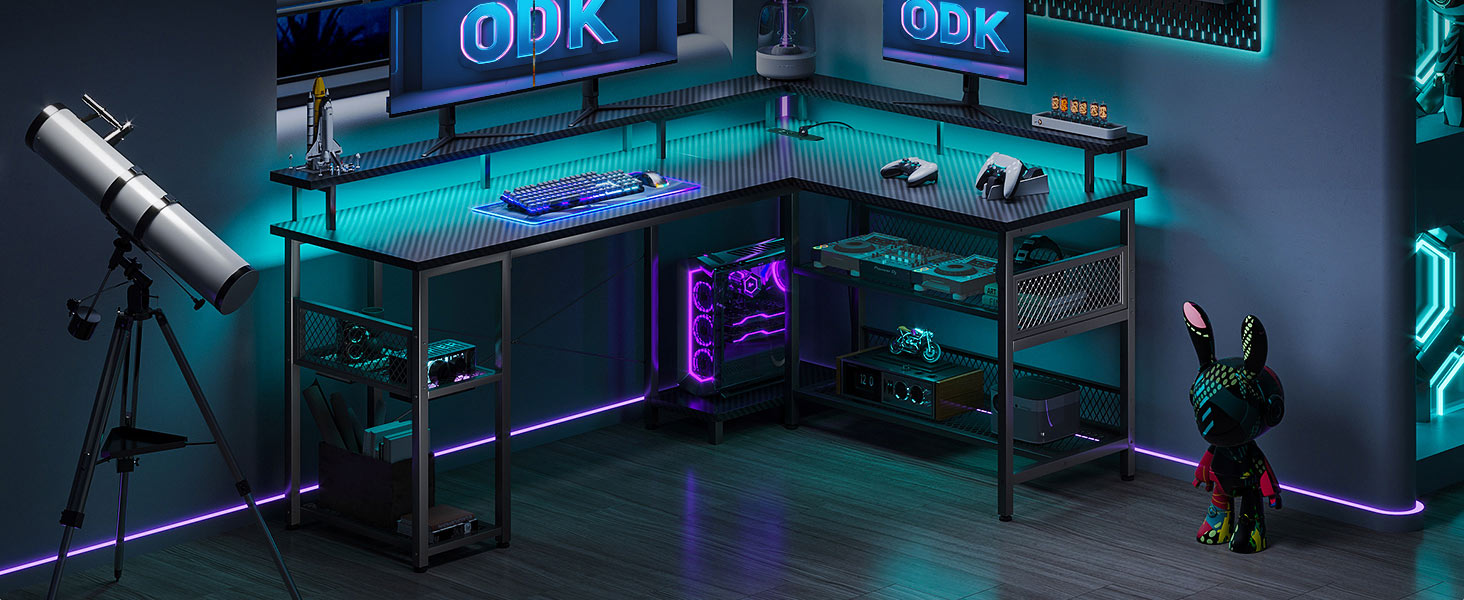 Ігровий стіл ODK з LED-підсвічуванням, 150x102 см, з 2 розетками та 2 USB-портами, кутовий, з підставкою для роутера, карбон, чорний