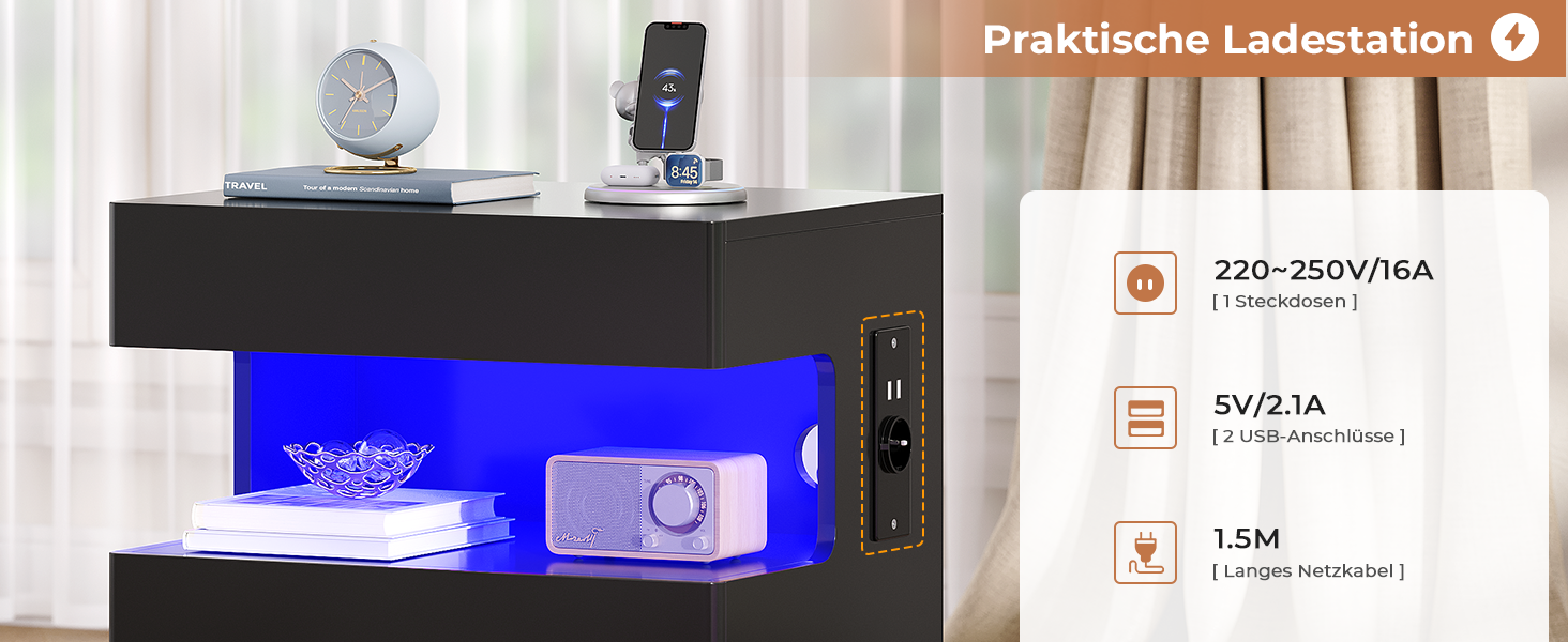 Нічний столик AOGLLATI з прихованим відділенням, розеткою та LED-підсвічуванням, 2 шухляди, висувний ящик, полиця, глянцева поверхня (40x35x59 см, чорний, 2)