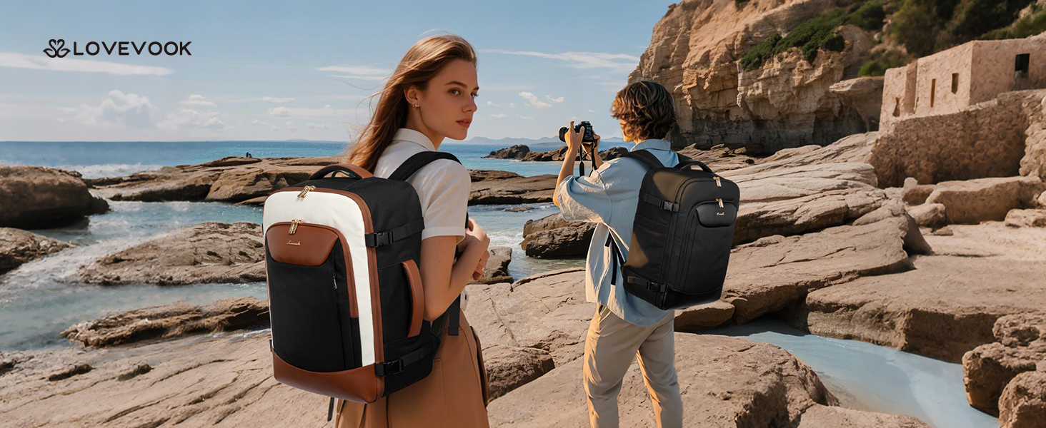 LOVEVOOK Рюкзак для ручної поклажі, 40L, для подорожей, з відділенням для ноутбука, водонепроникний, чорно-бежево-коричневий