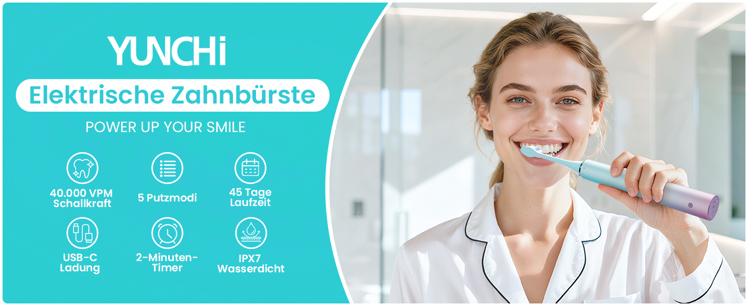 Електрична зубна щітка Yunchi, звукова, для дорослих та дітей - 40000 VPM, USB-C, 5 режимів, інтелектуальна функція, 8 насадок + чохол, блакитна Ycdz-y7