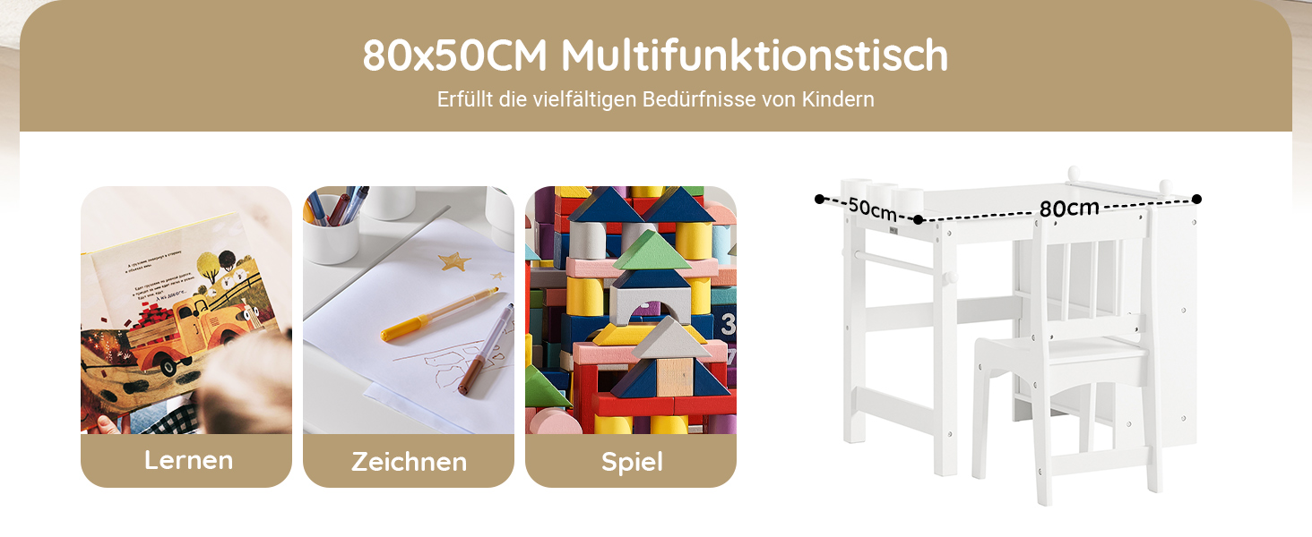 Дитячий стіл SoBuy з табуретом, комплект меблів для дитячої кімнати, ігровий та навчальний стіл для дітей, світлий 80x66x50 см KMB60-B (Білий)