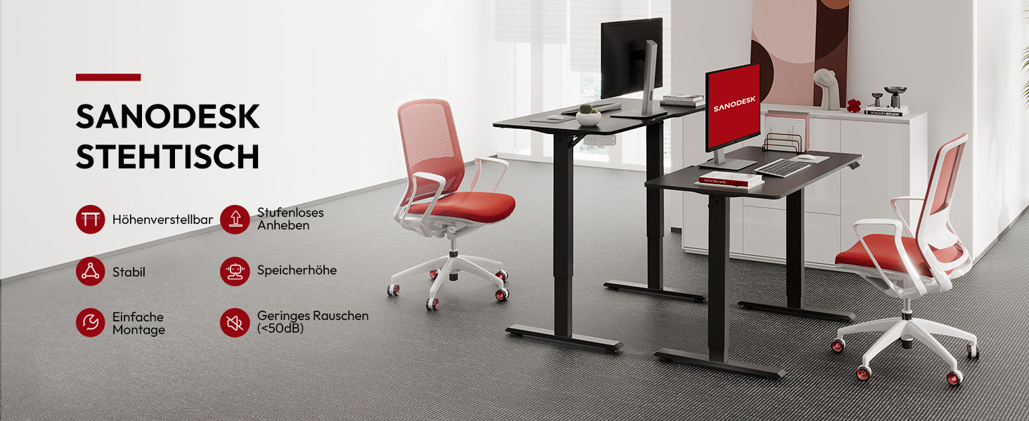 Регульований стіл Sanodesk 110x54 см - компактний стоячий стіл з аксесуарами, для маленьких приміщень, з антиколізійним захистом (білий). Також доступний розмір 140x60 см (чорний)