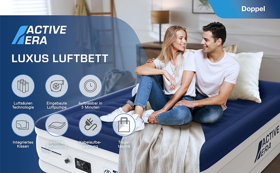 Надувне ліжко Active Era Luxus для 2 осіб з електричним насосом та інтегрованим подушками, 200 x 150 x 36.5 см - ідеально для кемпінгу та гостей