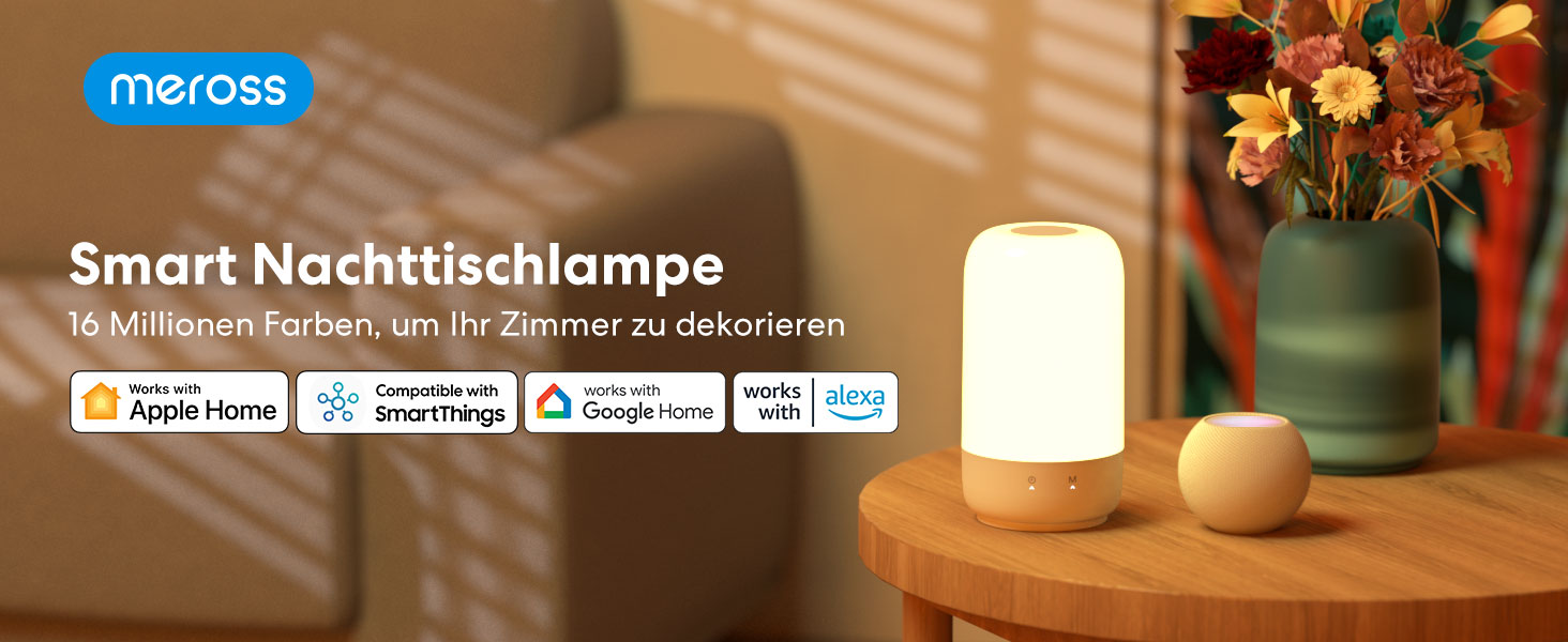 Світлодіодний приліжковий світильник meross WLAN, сумісний з Apple HomeKit, Alexa, Google, з можливістю затемнення, RGBCW