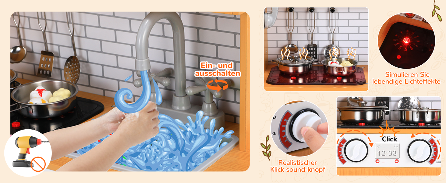 Дерев'яна дитяча кухня MAMIZO з підсвіткою та звуком, 82x80x25 см. Комплект аксесуарів, іграшка для дітей від 3 років, білий колір (біле дерево)