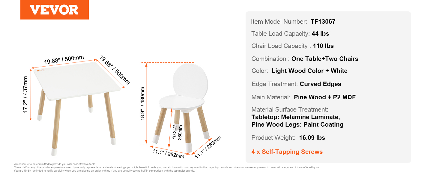 Дитячий комплект меблів VEVOR: стіл та 2 стільці для дітей. Комплект меблів для дитячої кімнати з сосни, білий. Міцні дитячі меблі для ігор та навчання.